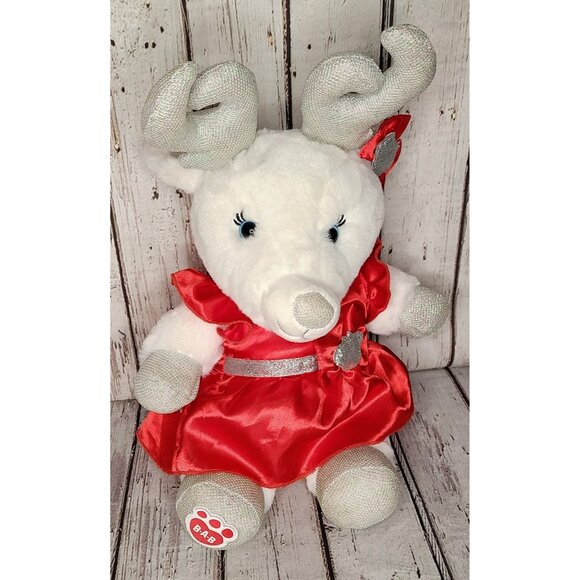 12" BAB White Glitter Reindeer Christmas Plush Red Holiday Dress Stuffed Animal - Picture 1 of 3